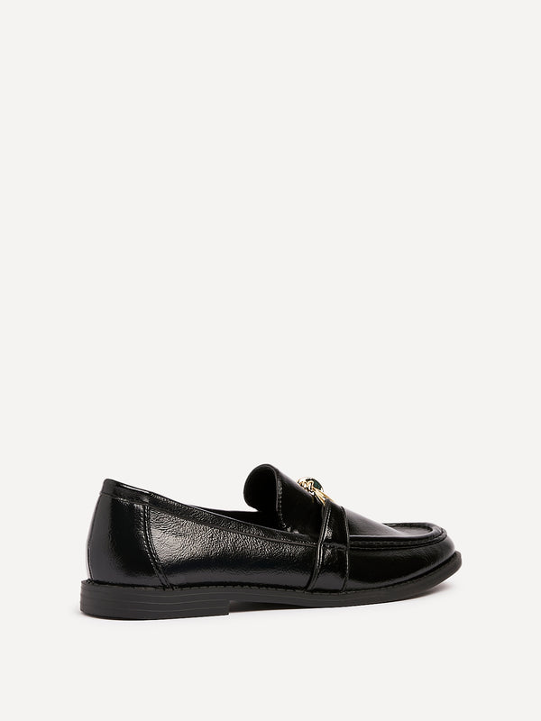 Linzi Black Faux Leather Slip On Loafer With Buckle Detail