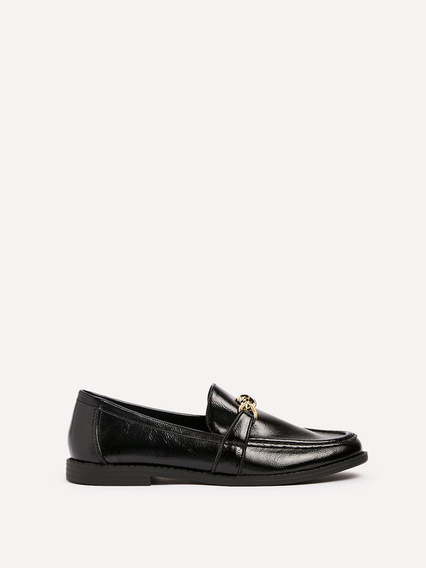 linzi Black Faux Leather Slip On Loafer With Buckle Detail