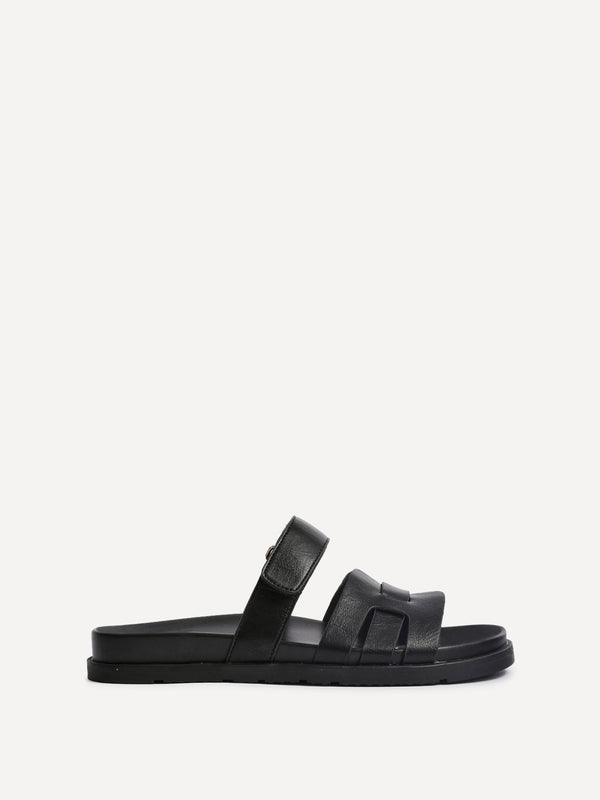 Linzi Black Faux Leather Slip On Sandal With Woven Front Strap