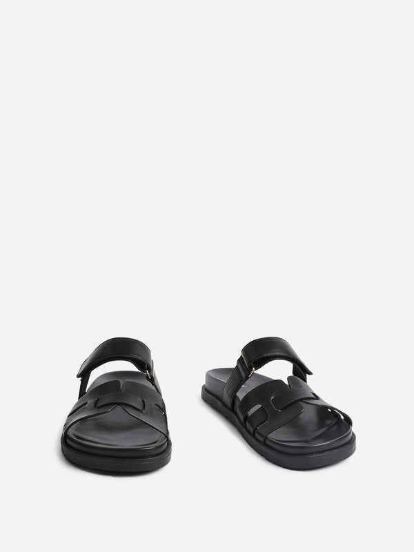 Linzi Black Faux Leather Slip On Sandal With Woven Front Strap