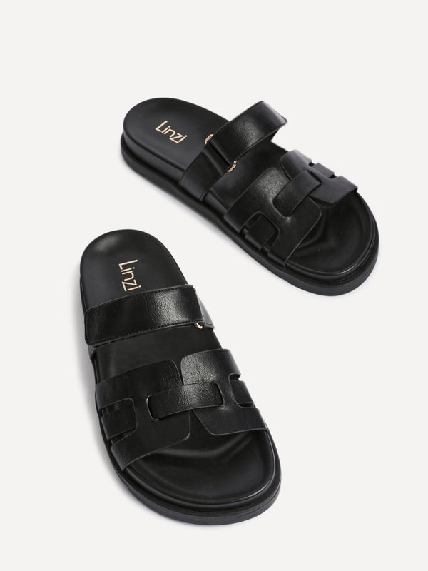 Linzi Black Faux Leather Slip On Sandal With Woven Front Strap