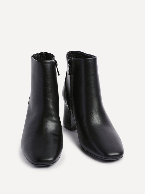 Linzi Black Faux Leather Soft Square Toe Block Heel Ankle Boot