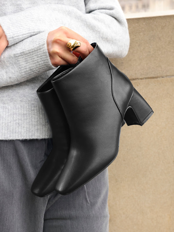 linzi Black Faux Leather Soft Square Toe Block Heel Ankle Boot