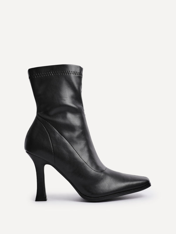 Linzi Black Faux Leather Square Toe Heeled Sock Boot