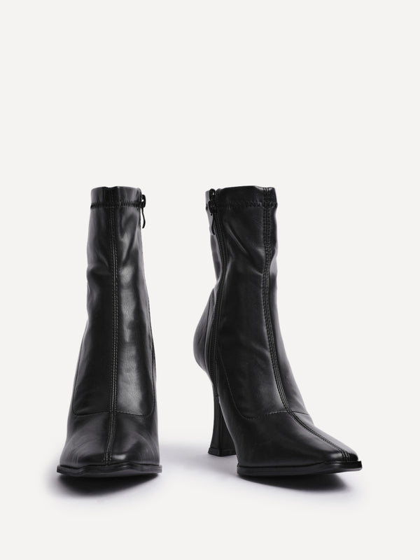 Linzi Black Faux Leather Square Toe Heeled Sock Boot