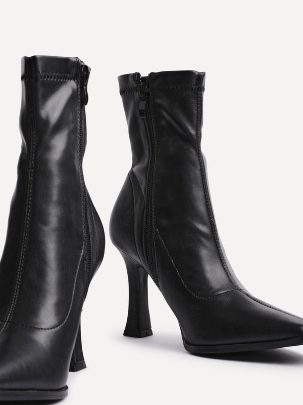 Linzi Black Faux Leather Square Toe Heeled Sock Boot