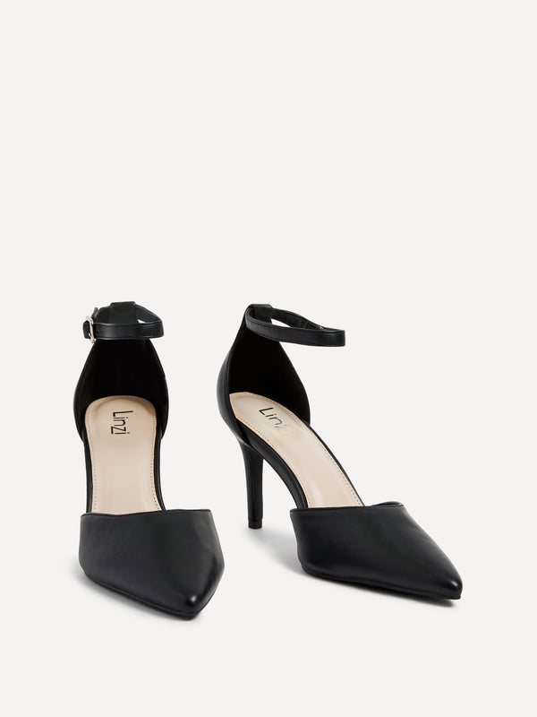 Linzi Black Faux Leather Stiletto Court Heel With Ankle Strap