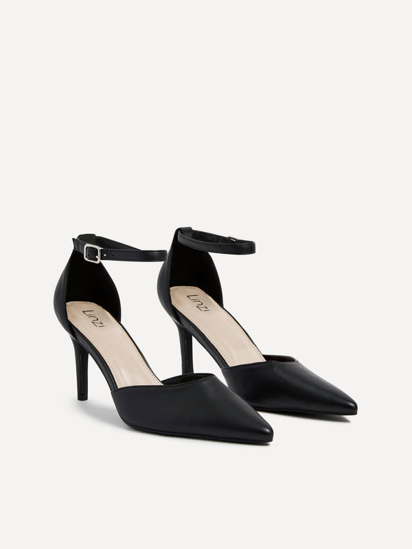 Linzi Black Faux Leather Stiletto Court Heel With Ankle Strap