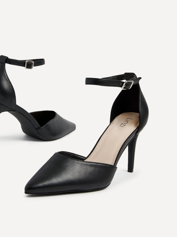 Linzi Black Faux Leather Stiletto Court Heel With Ankle Strap
