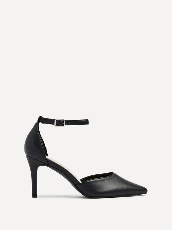 linzi Black Faux Leather Stiletto Court Heel With Ankle Strap