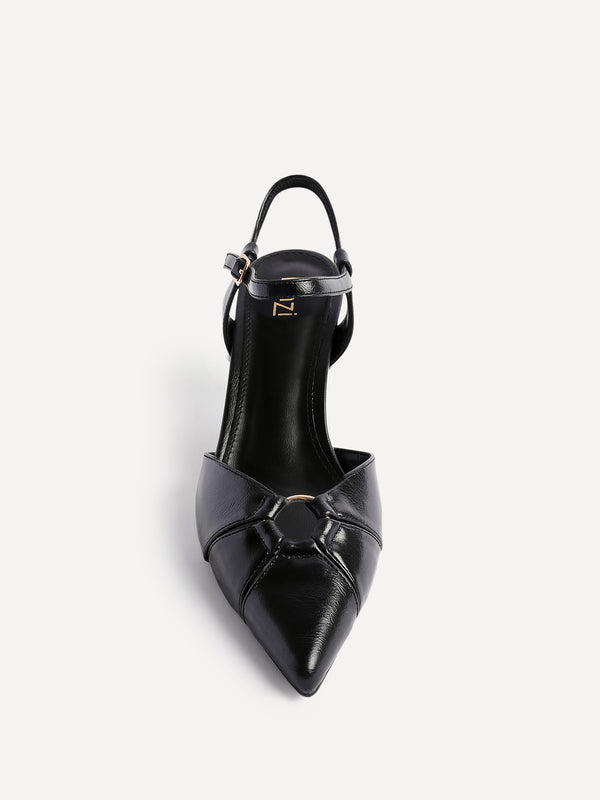 Linzi Black Faux Leather Stiletto Court Heel With Eyelet Detail