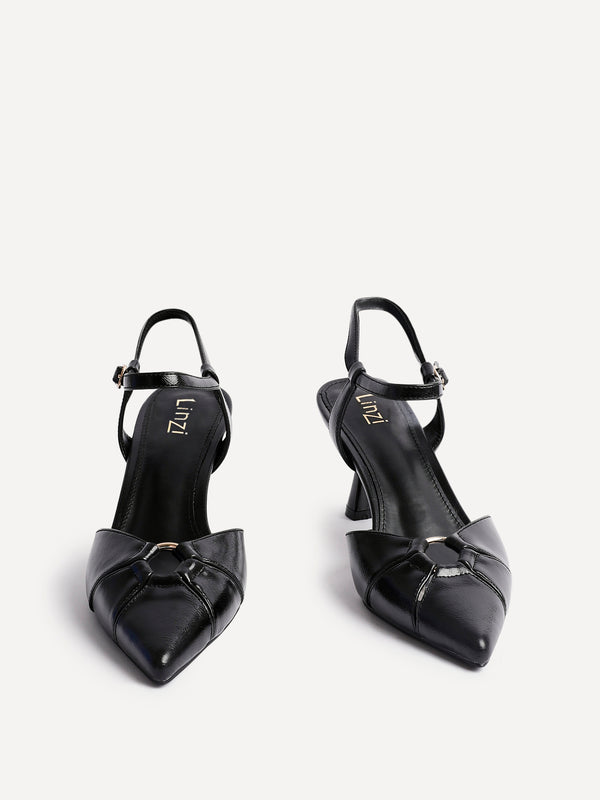 Linzi Black Faux Leather Stiletto Court Heel With Eyelet Detail