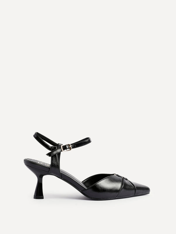 Linzi Black Faux Leather Stiletto Court Heel With Eyelet Detail