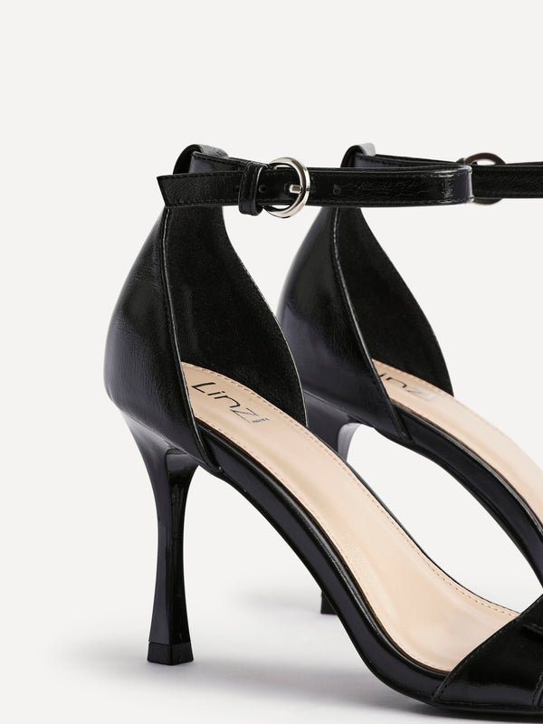 Linzi Black Faux Leather Stiletto Heeled Sandals With Buckle Detail