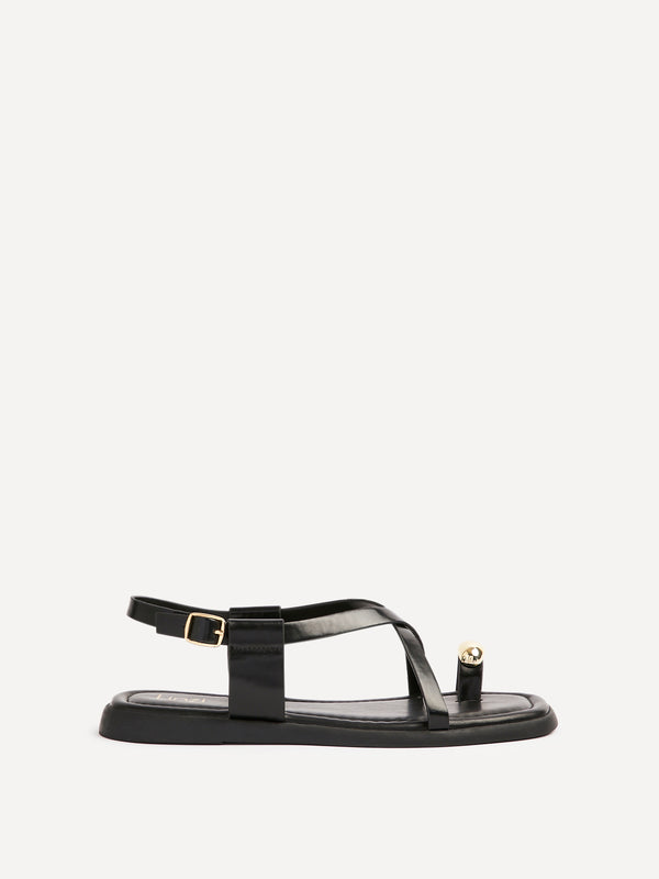 Linzi Black Faux Leather Strappy Flat Sandal With Toe Ring