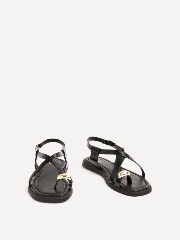Linzi Black Faux Leather Strappy Flat Sandal With Toe Ring
