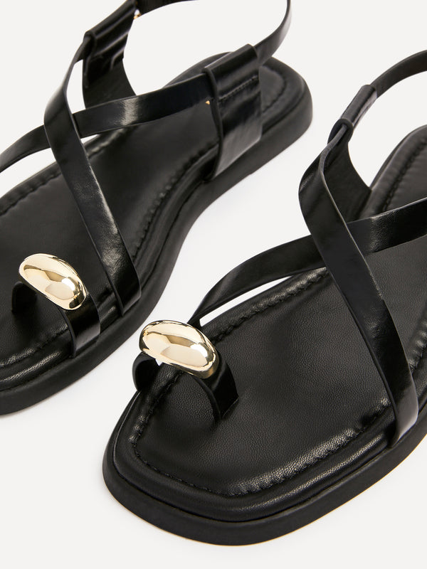 Linzi Black Faux Leather Strappy Flat Sandal With Toe Ring