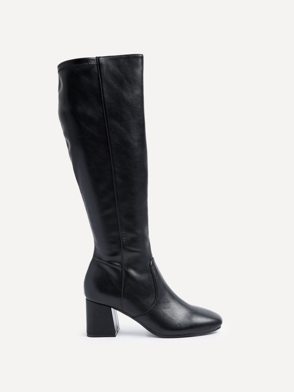 Linzi Black Faux Leather Stretch Block Heeled Knee High Boot
