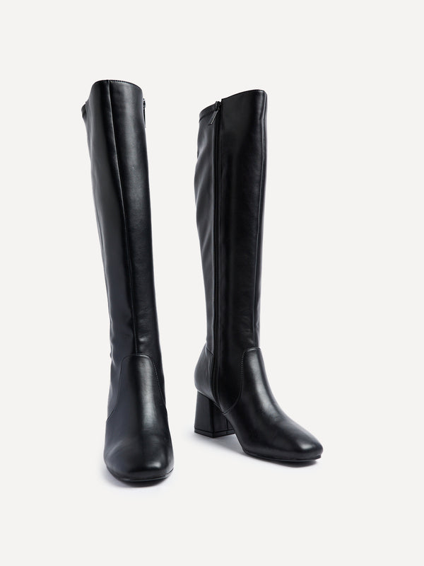 Linzi Black Faux Leather Stretch Block Heeled Knee High Boot