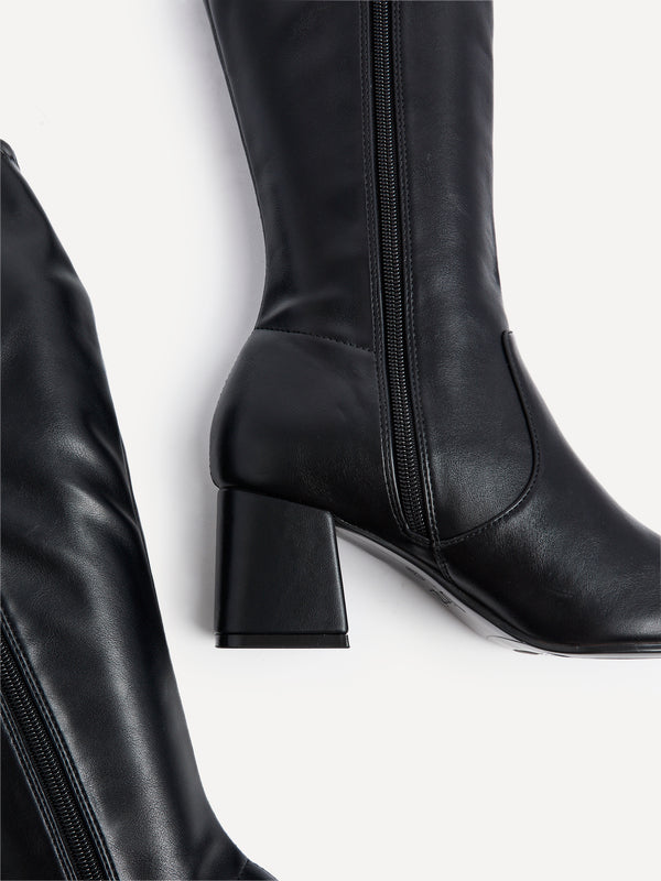 Linzi Black Faux Leather Stretch Block Heeled Knee High Boot