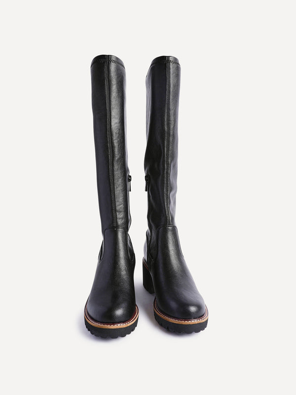 Linzi Black Faux Leather Stretch Wedge High Leg Boot
