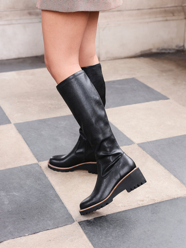 linzi Black Faux Leather Stretch Wedge High Leg Boot