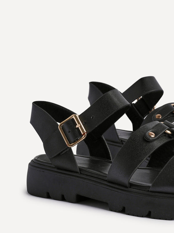 Linzi Black Faux Leather Studded Gladiator Chunky Sandals