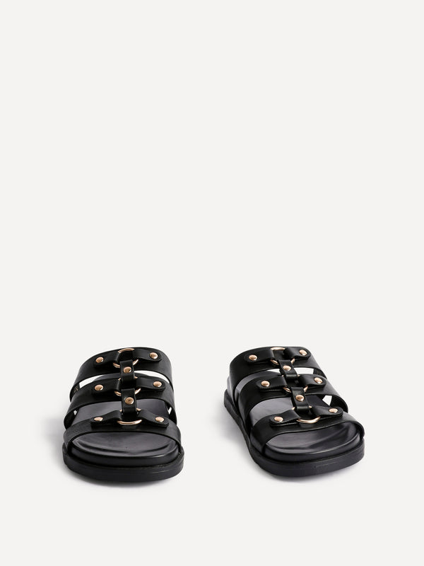 Linzi Black Faux Leather Studded Gladiator Slip On Sandals