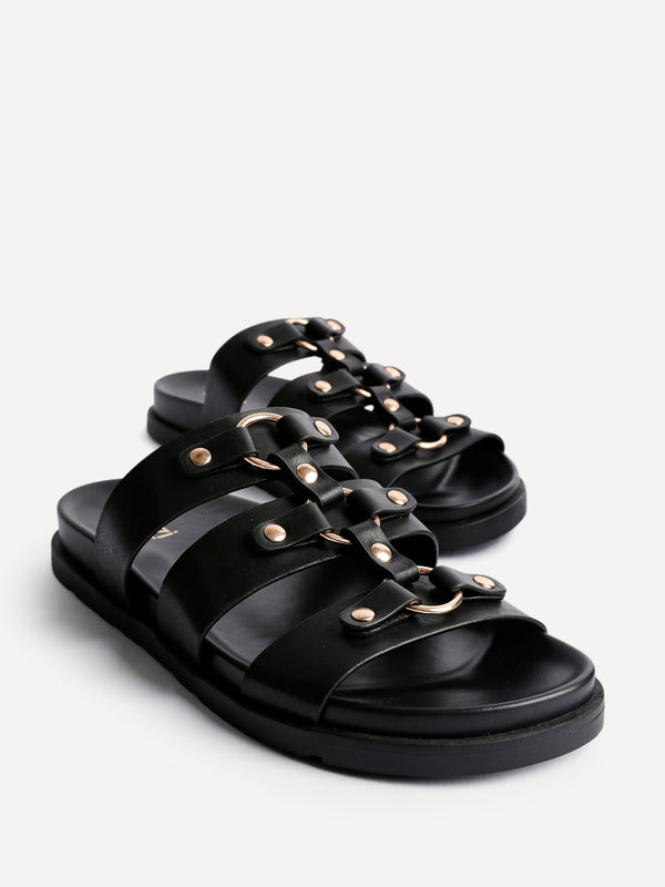 Linzi Black Faux Leather Studded Gladiator Slip On Sandals