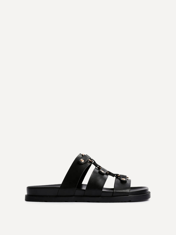 Linzi Black Faux Leather Studded Gladiator Slip On Sandals