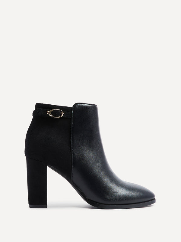 Linzi Black Faux Leather & Suede Heeled Ankle Boot With Buckle Detail
