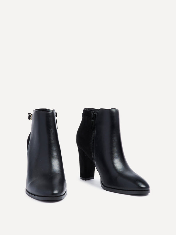 Linzi Black Faux Leather & Suede Heeled Ankle Boot With Buckle Detail