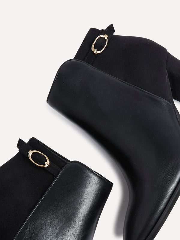 Linzi Black Faux Leather & Suede Heeled Ankle Boot With Buckle Detail