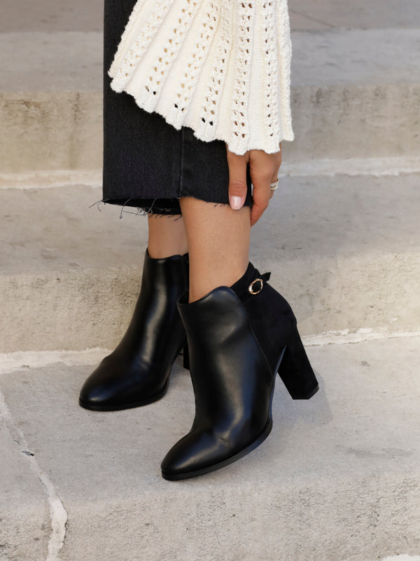 linzi Black Faux Leather & Suede Heeled Ankle Boot With Buckle Detail