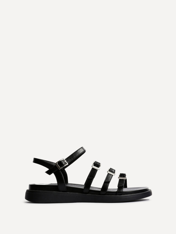 Linzi Black Faux Leather Triple Buckle Footbed Sandals