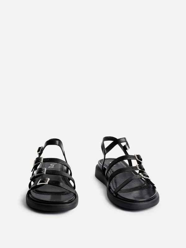Linzi Black Faux Leather Triple Buckle Footbed Sandals