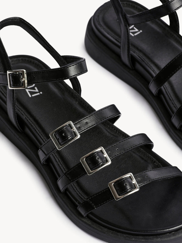 Linzi Black Faux Leather Triple Buckle Footbed Sandals