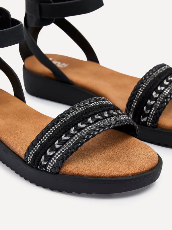 Linzi Black Faux Leather Two Part Sandal With Embellished Front Strap