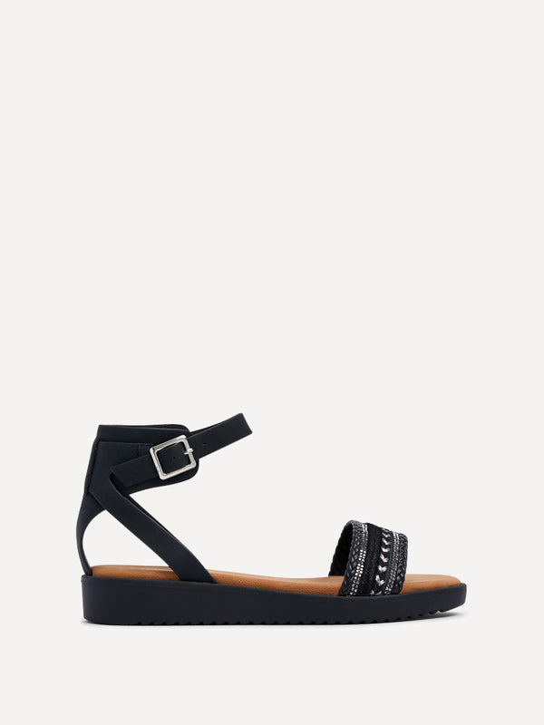 Linzi Black Faux Leather Two Part Sandal With Embellished Front Strap
