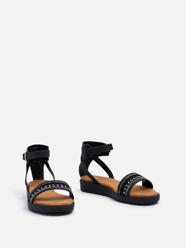 Linzi Black Faux Leather Two Part Sandal With Embellished Front Strap