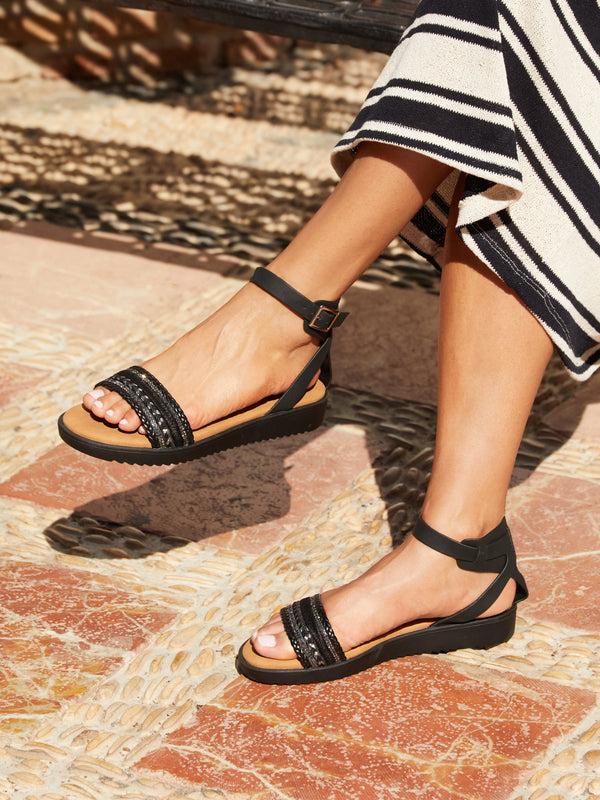 linzi Black Faux Leather Two Part Sandal With Embellished Front Strap