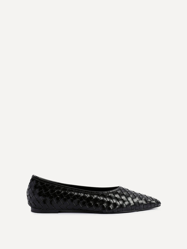 Linzi Black Faux Leather Woven Pointed Toe Ballet Flats