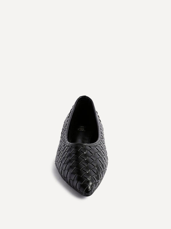 Linzi Black Faux Leather Woven Pointed Toe Ballet Flats
