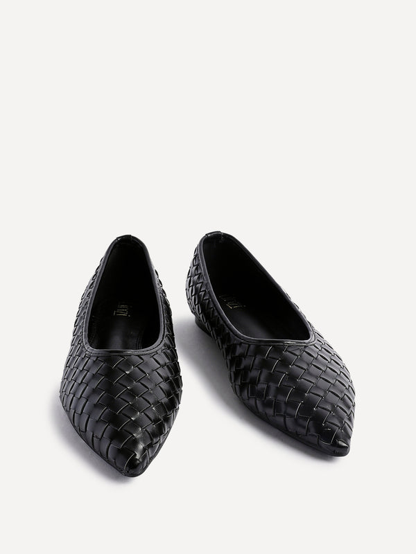 Linzi Black Faux Leather Woven Pointed Toe Ballet Flats