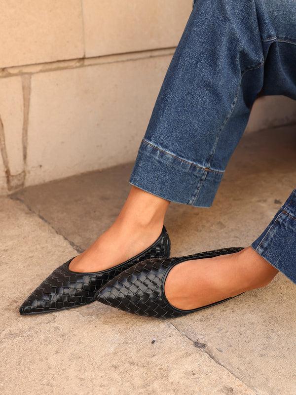 linzi Black Faux Leather Woven Pointed Toe Ballet Flats