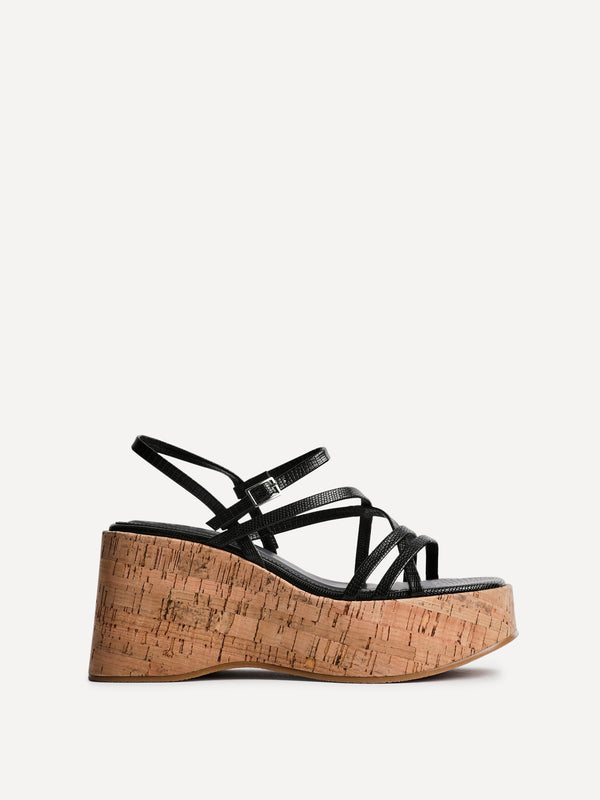 Linzi Black Faux Lizard Strappy Cork Flatform Sandal