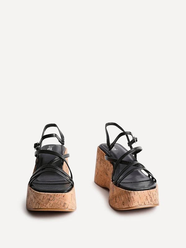 Linzi Black Faux Lizard Strappy Cork Flatform Sandal