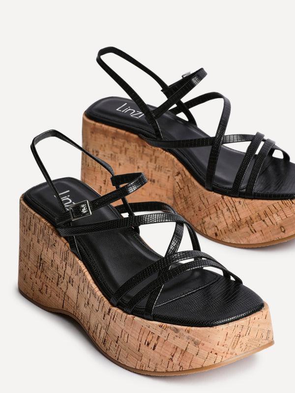 Linzi Black Faux Lizard Strappy Cork Flatform Sandal