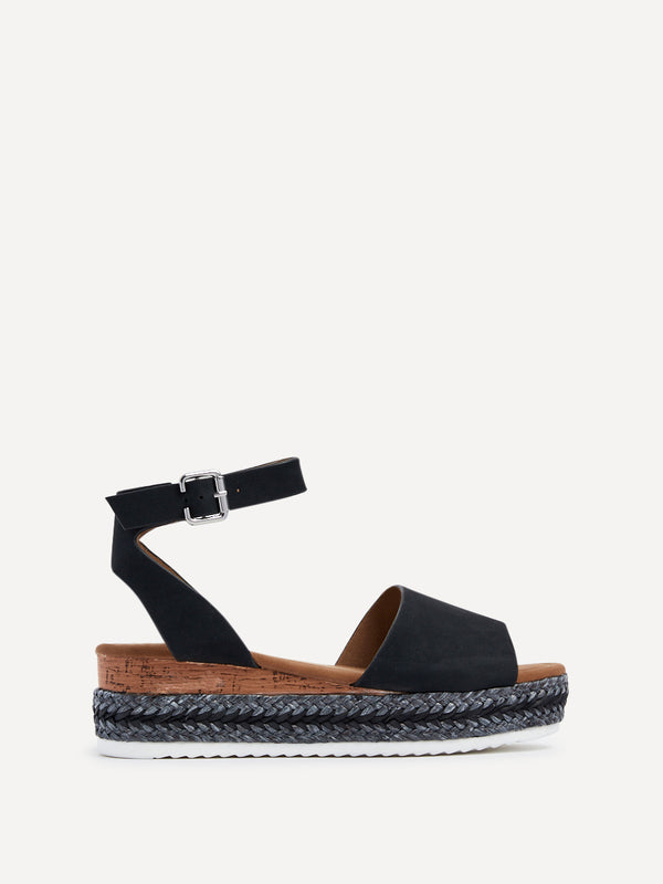 Linzi Black Faux Nubuck Flatform Two Part Sandal With Two Tone Plaited Sole