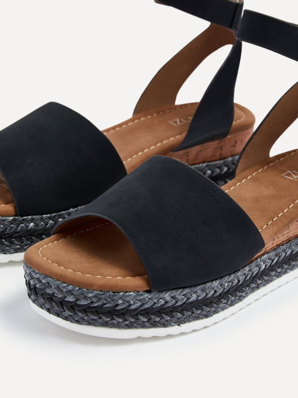 Linzi Black Faux Nubuck Flatform Two Part Sandal With Two Tone Plaited Sole